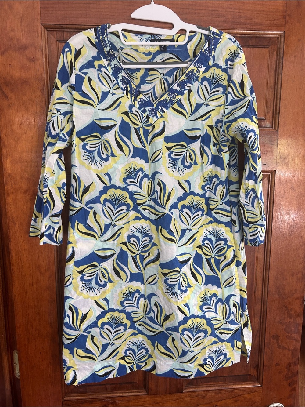 Lands end  Embroidered V-Neck Lng Sleeve Swim CoverUp in Blue and Yellow Floral
